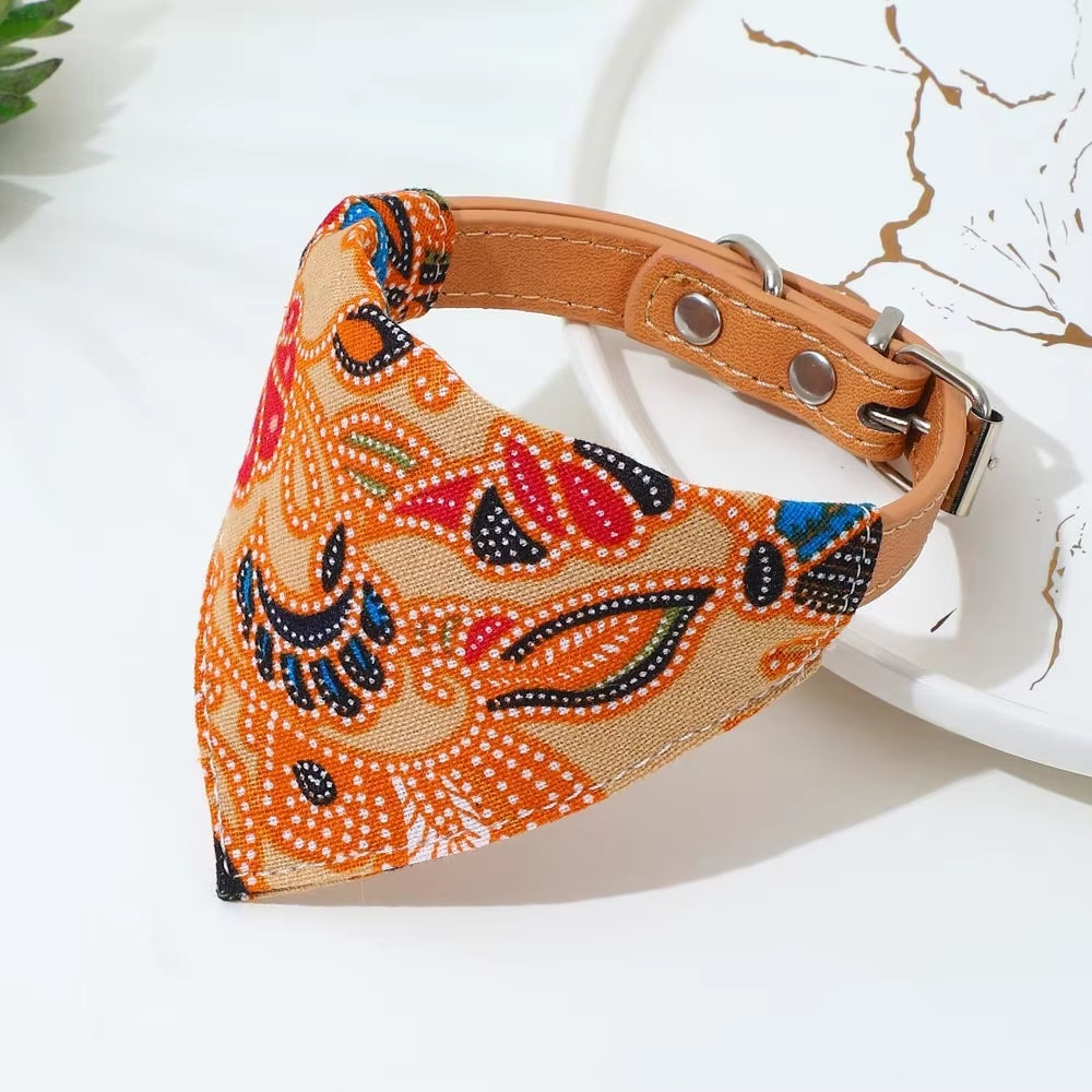 Adjustable Pets Banbana Collar PU Neck Scarf with Printed for Small Medium Large Dogs Cat Puppy Accessories Triangle Scarf XS-L