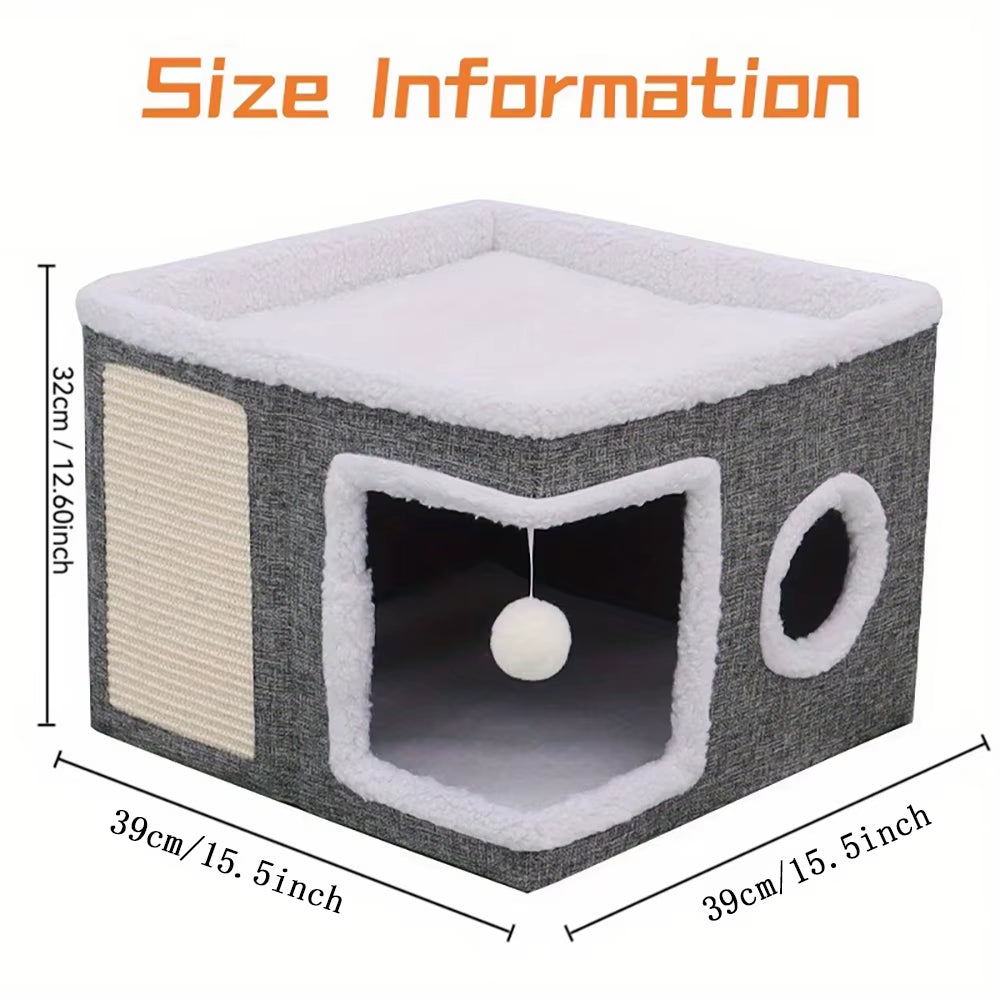 4-Season Multi-Level Cat House - Indoor Foldable Design, Scratching Board & Non-Slip Base 30LB Capacity, Warm Cat Bed Cat Cave