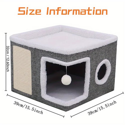 4-Season Multi-Level Cat House - Indoor Foldable Design, Scratching Board & Non-Slip Base 30LB Capacity, Warm Cat Bed Cat Cave