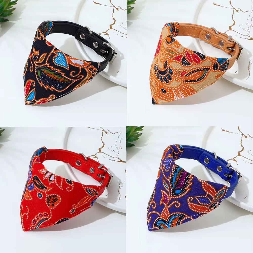 Adjustable Pets Banbana Collar PU Neck Scarf with Printed for Small Medium Large Dogs Cat Puppy Accessories Triangle Scarf XS-L