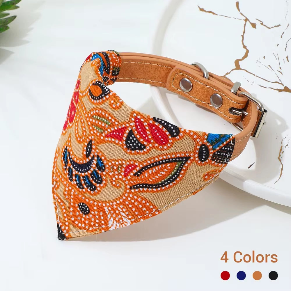 Adjustable Pets Banbana Collar PU Neck Scarf with Printed for Small Medium Large Dogs Cat Puppy Accessories Triangle Scarf XS-L